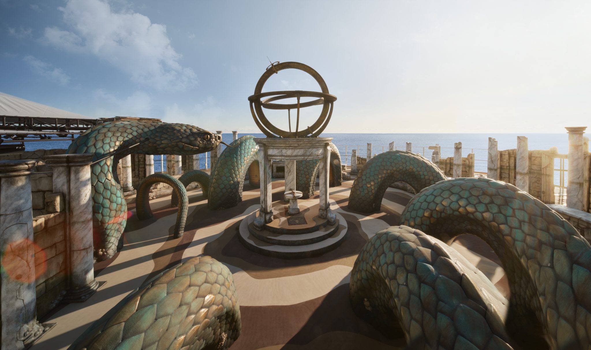 A breathtaking experience featuring large, intricately designed serpentine sculptures with iridescent blue-green scales winding around ancient-looking stone pillars and arches. At the center stands a prominent circular stone structure, with the vast ocean and a clear blue sky in the background."